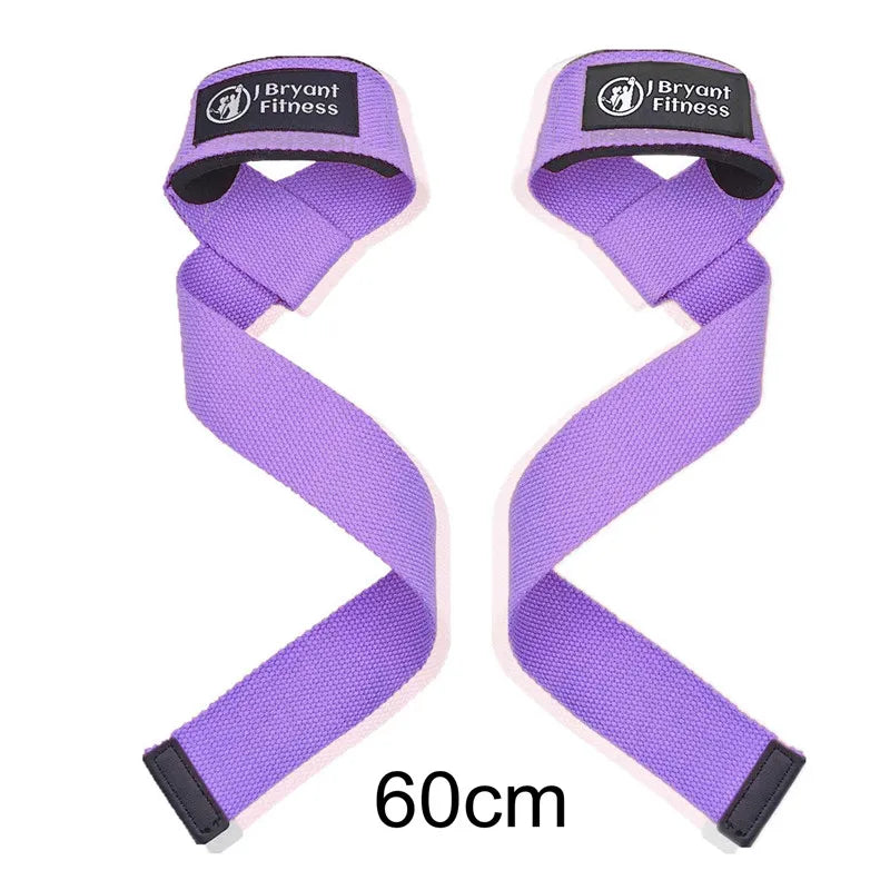 Purple gym wrist strap with black accents, measuring 60cm.