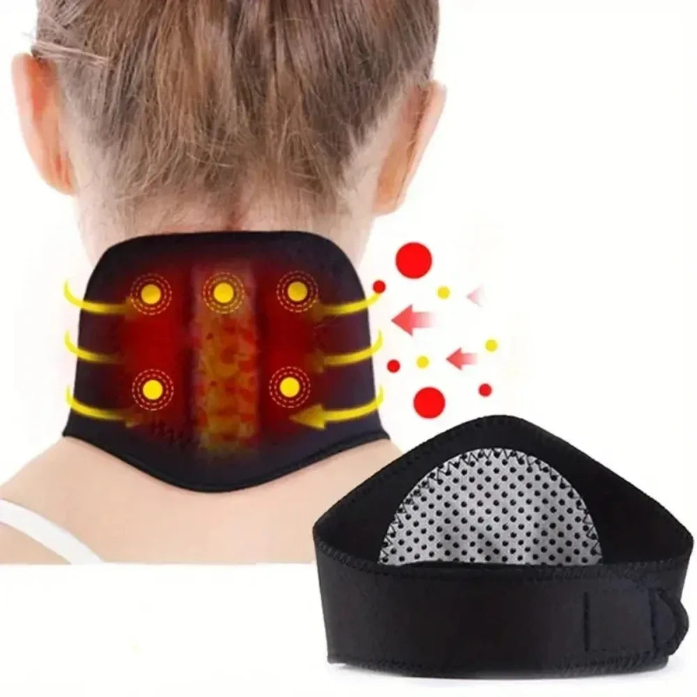 Schwarze selbstheizende magnetische Nackensupport-Stütze mit sichtbaren Heizelementen
