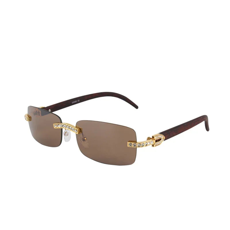 Gafas de sol sin montura de cuero marrón con detalles de pedrería