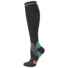 Black medical grade compression socks with neon green patterned accents