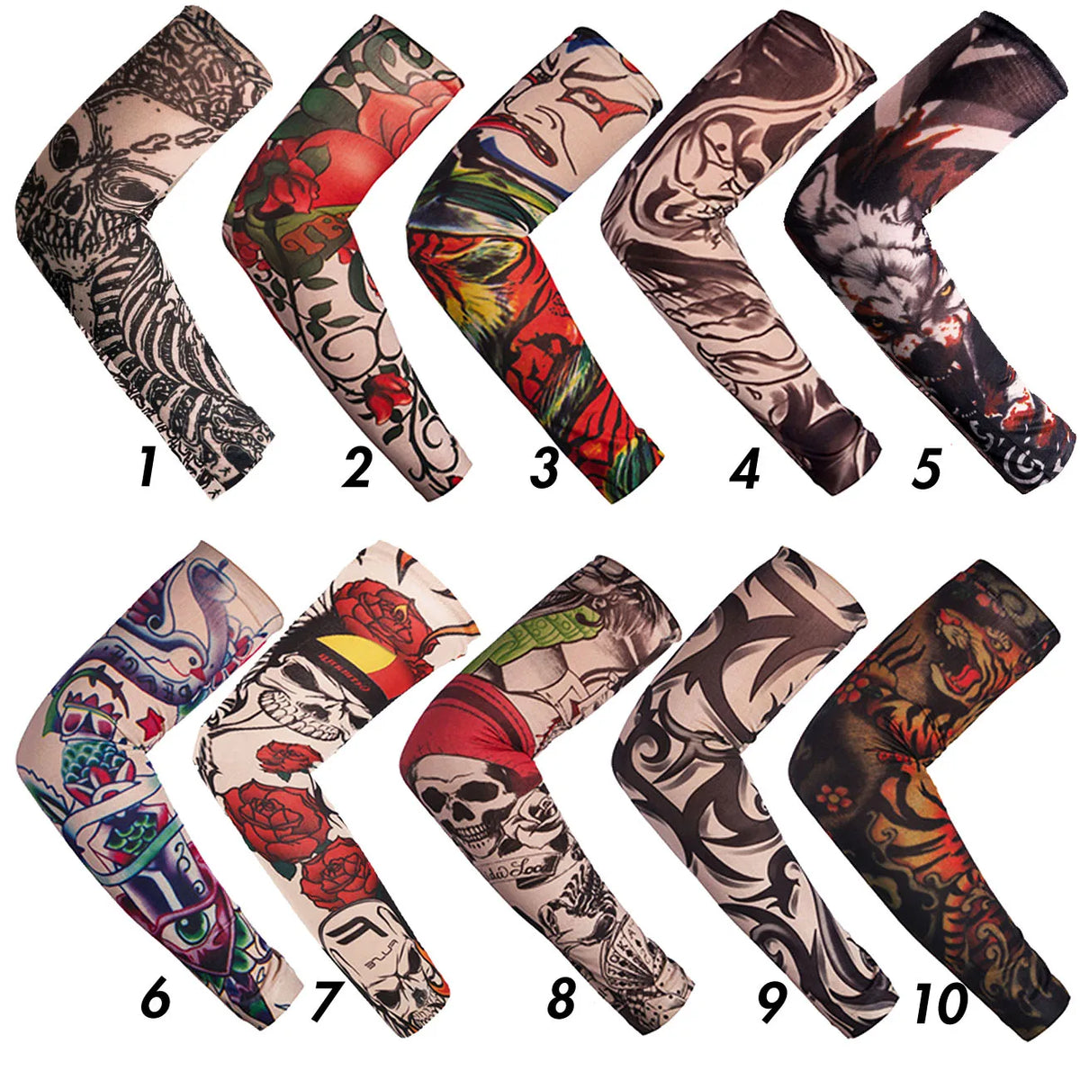 Ten designs of breathable arm sleeves featuring various floral and tattoo-inspired patterns