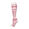 A pair of pink compression socks with a scrub life pattern.