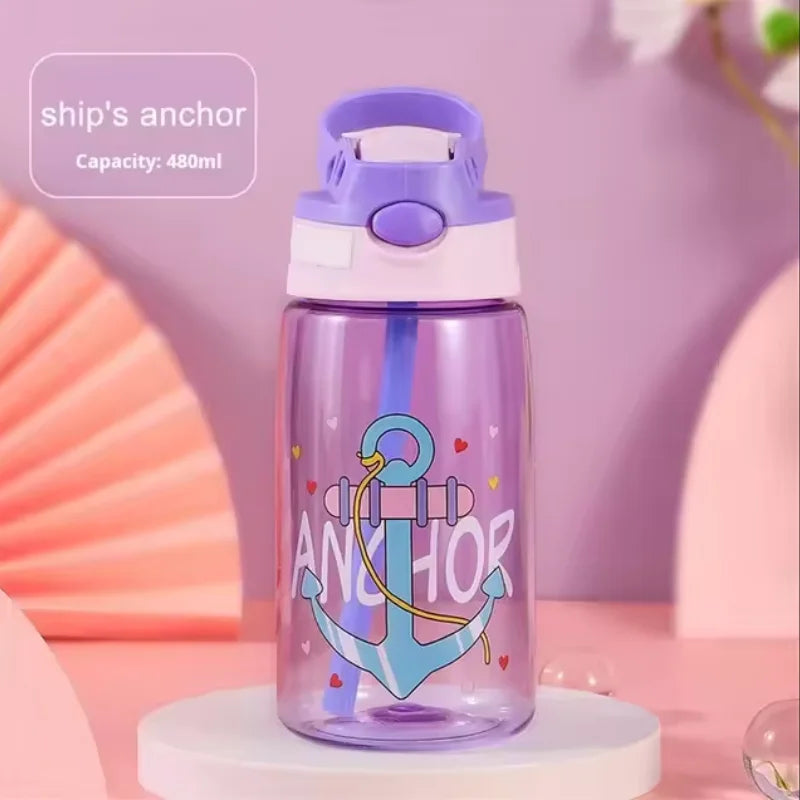 A purple and teal cartoon anchor shaped sippy water bottle with a straw, displayed on a white stand.