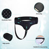 Black breathable fabric hernia support belt with compression pads shown on a torso and in detail.