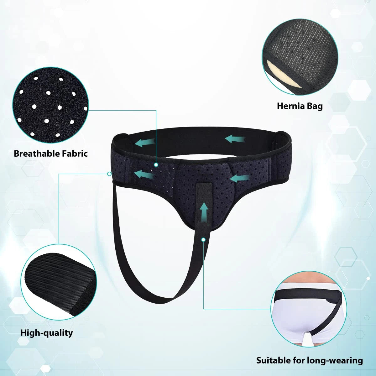 Black breathable fabric hernia support belt with compression pads shown on a torso and in detail.