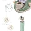 A travel mug with a lid, showing features like a detail display, convenient straw, sip spout, portable ring, easy to clean de