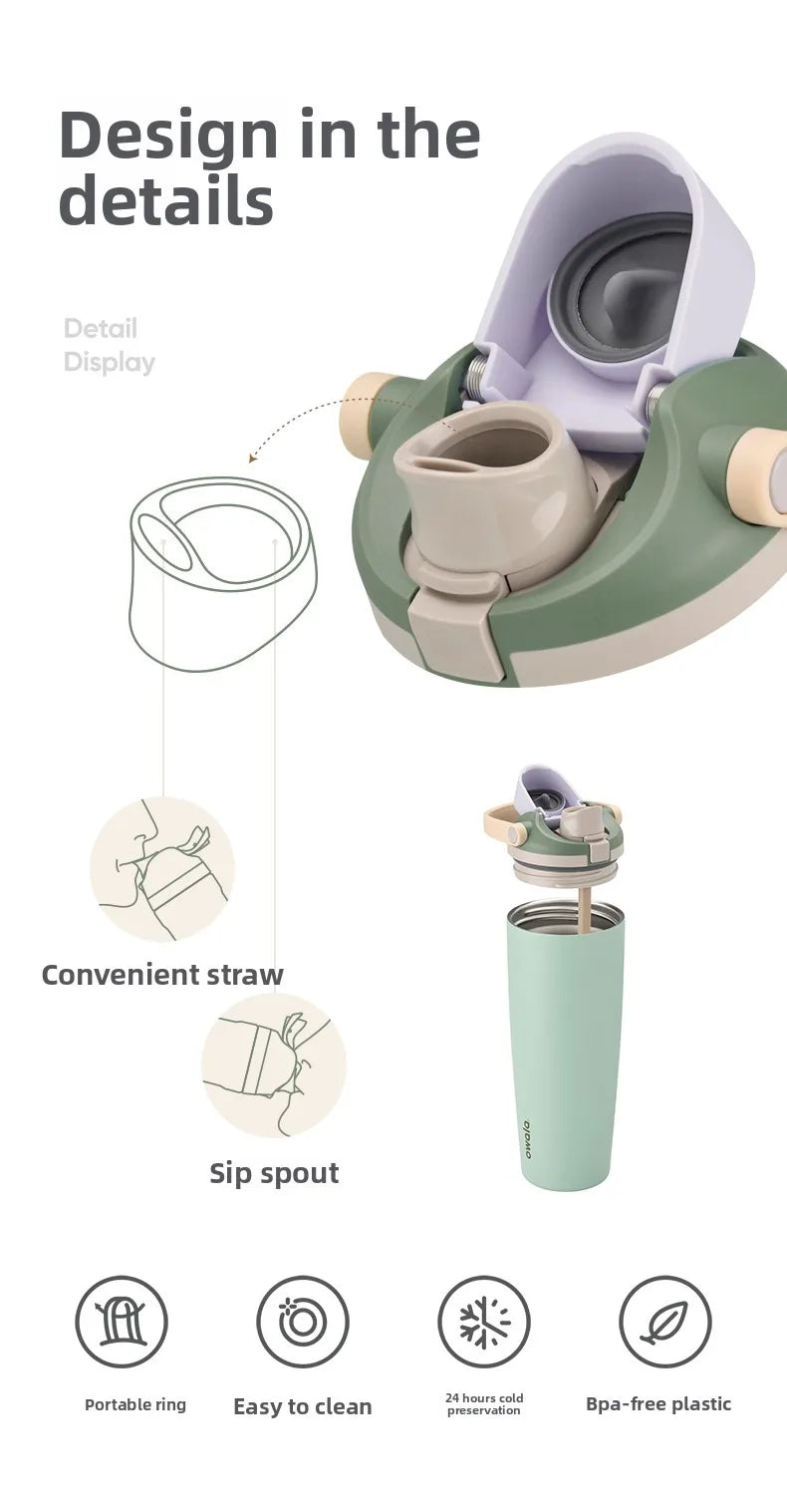 A travel mug with a lid, showing features like a detail display, convenient straw, sip spout, portable ring, easy to clean de