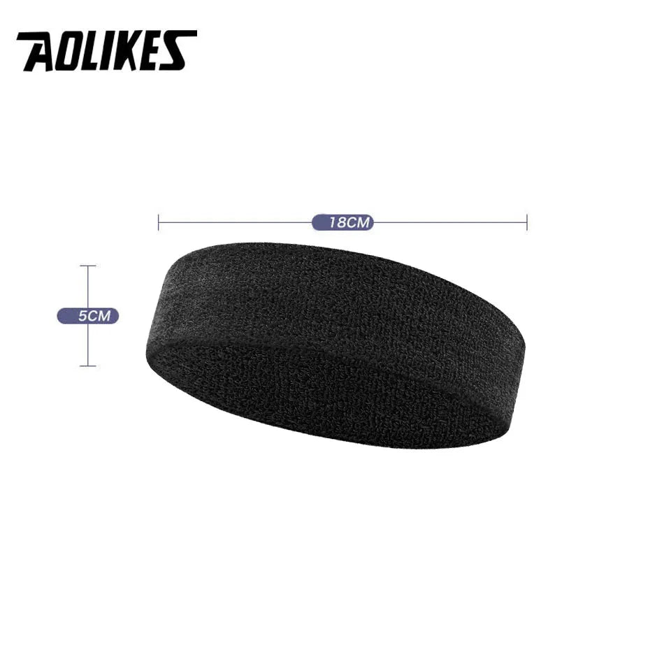 Black moisture-wicking athletic headband measuring 18cm long and 5cm high
