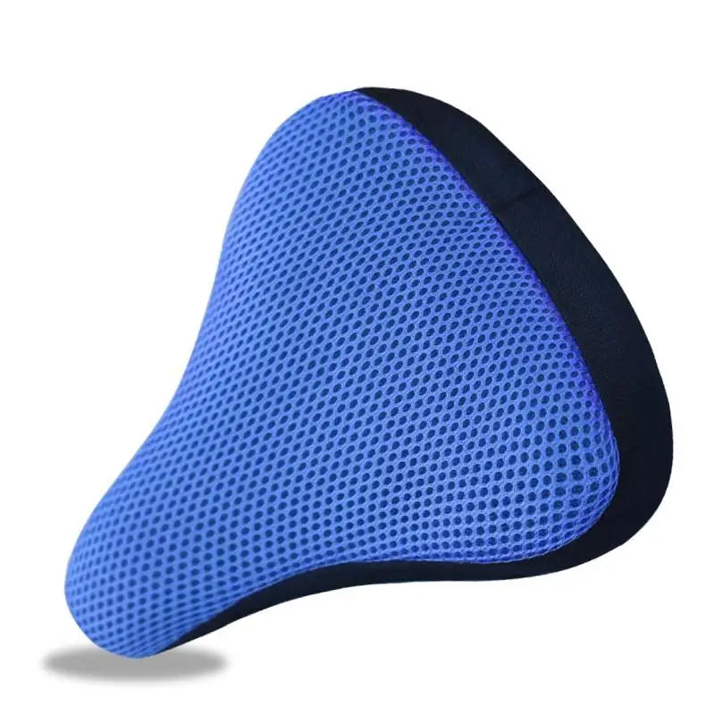 A close-up view of a breathable 3D mesh bicycle saddle cushion with blue and black accents.