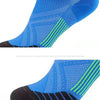 Blue and black performance compression sports socks shown from the side.