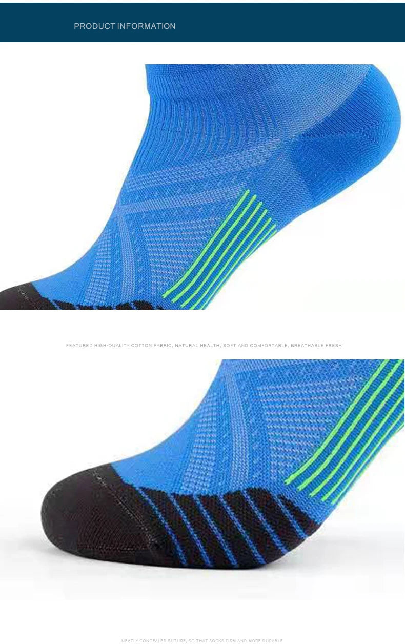 Blue and black performance compression sports socks shown from the side.