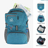 A teal foldable travel backpack with multiple pockets shown alongside detailed features.