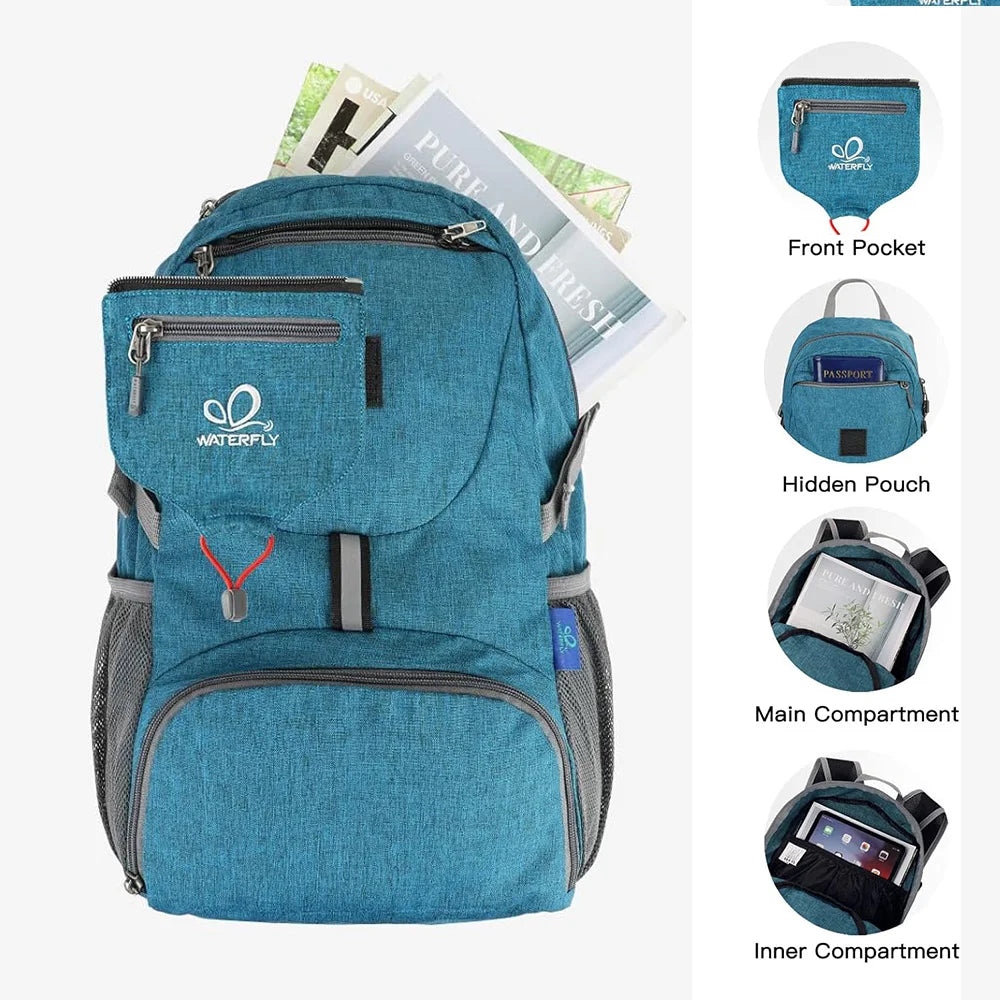 A teal foldable travel backpack with multiple pockets shown alongside detailed features.