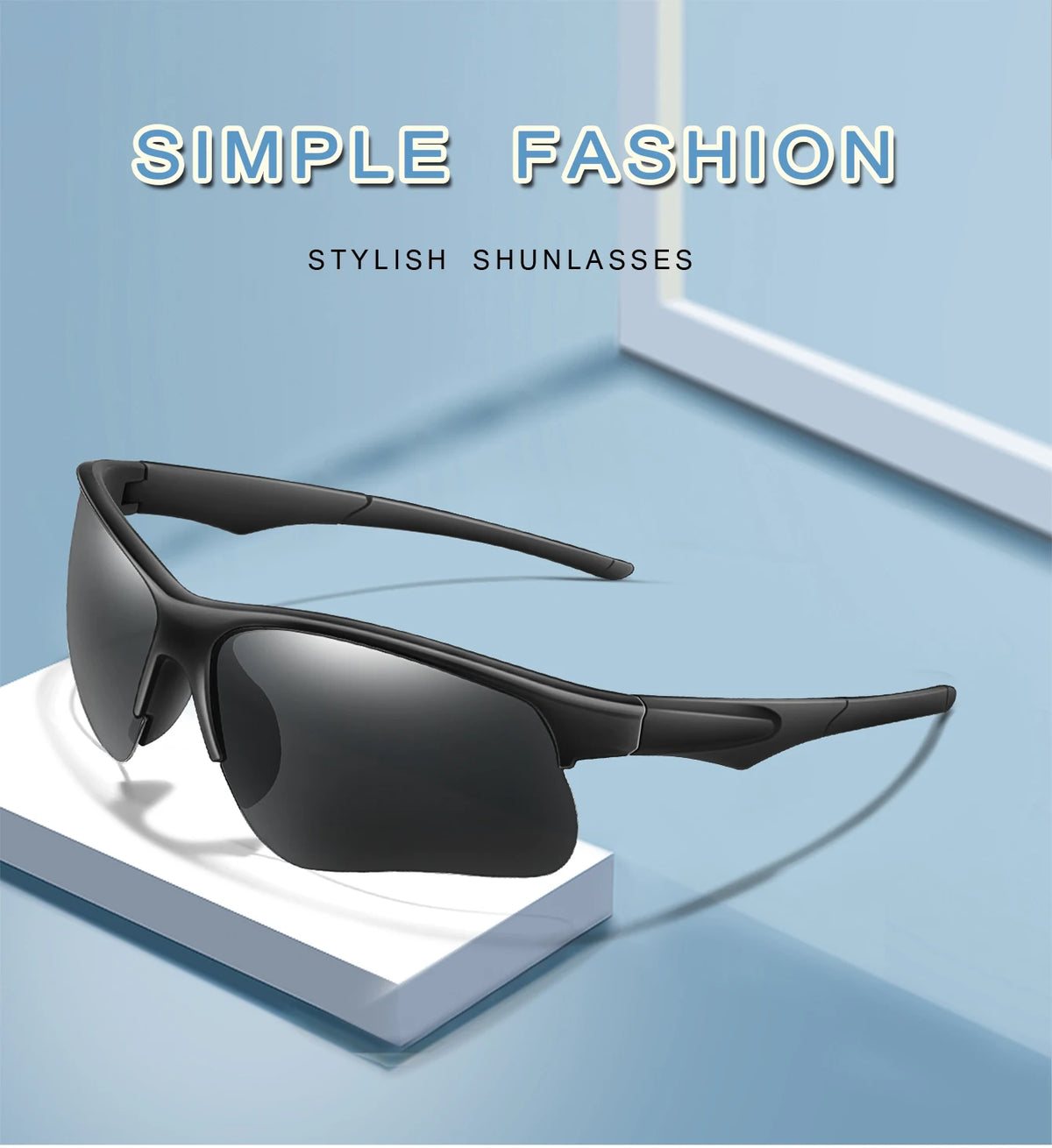 A pair of black sunglasses is displayed on a white surface with a soft shadow, emphasizing simple fashion.