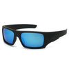 Black vintage rectangle sunglasses with bright blue mirrored lenses