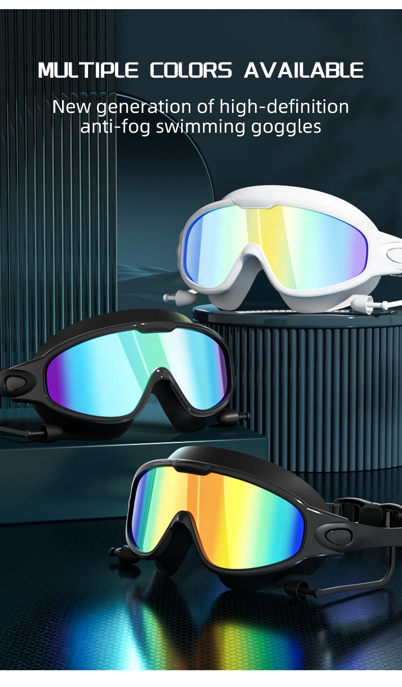 A display of multiple colored high-definition anti-fog swimming goggles shown in various angles.