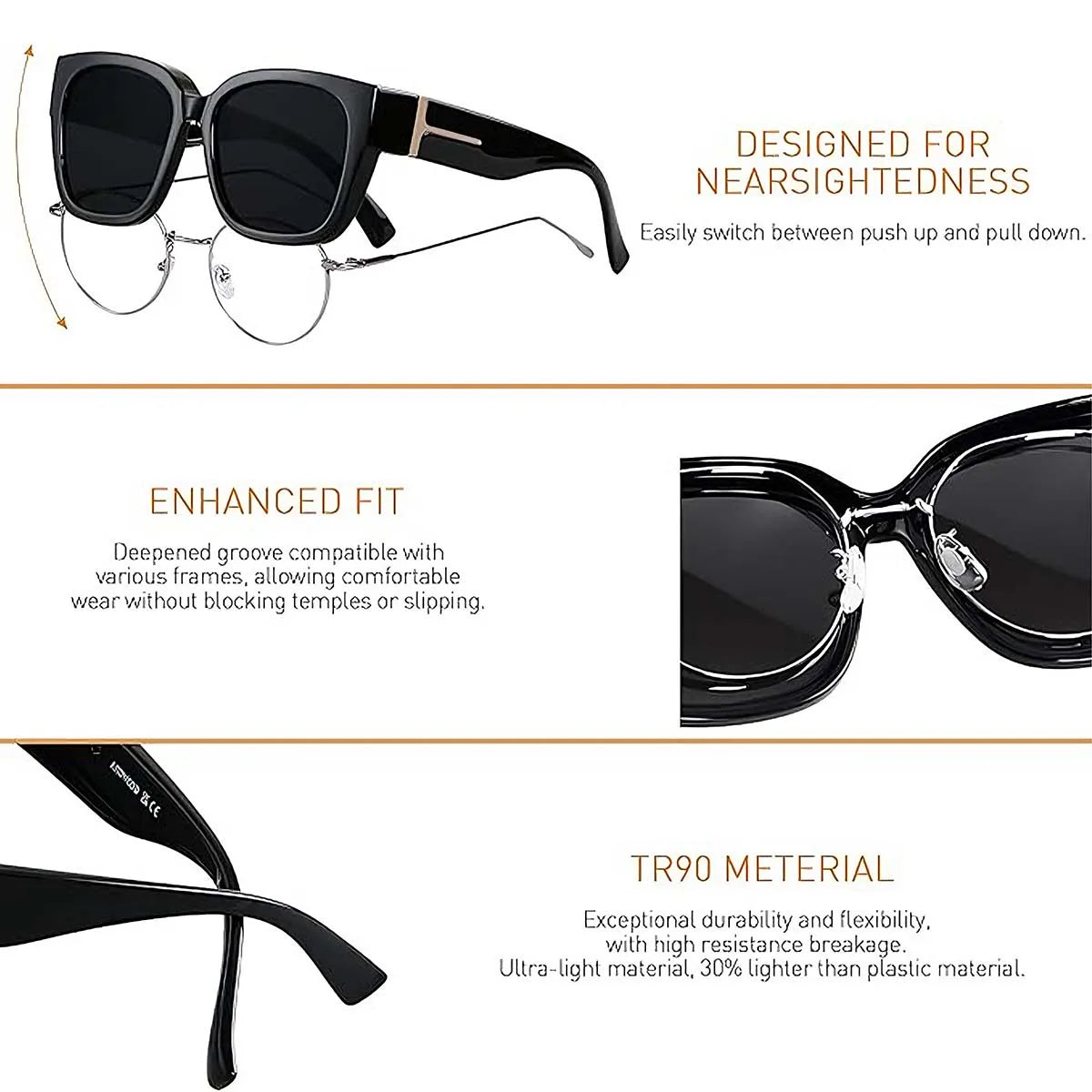 Black oversized polarized sunglasses designed for nearsightedness with enhanced fit and TR90 material