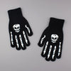 A pair of black gloves featuring white skull designs on the palm and fingers.