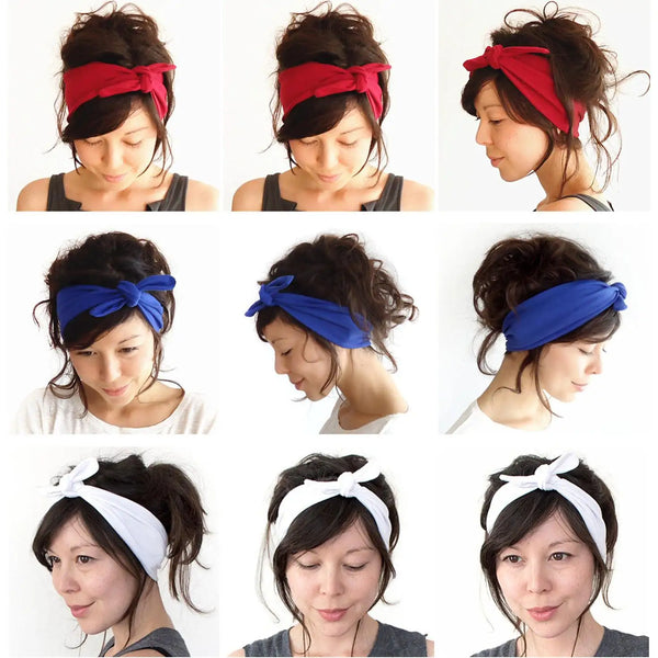 A collection of women wearing various cute rabbit ear headband styles in red, blue, and white.