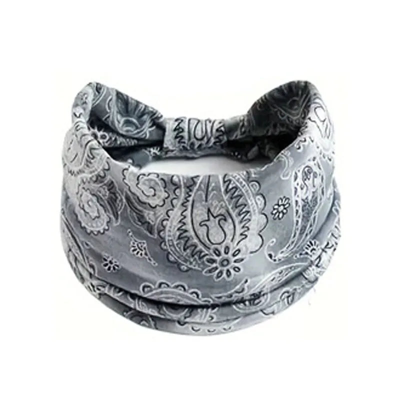 Graues Boho-Stretch-Haarband mit filigranen Paisley- und Blumenmustern.