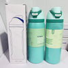 A light teal insulated stainless steel sports water bottle with a green lid is shown next to its packaging box.