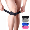Various colored adjustable patella tendon support braces shown on a person's knee.