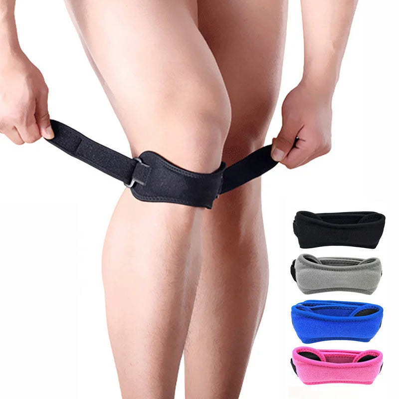 Various colored adjustable patella tendon support braces shown on a person's knee.