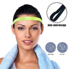 A woman wearing a neon green anti-skid sports headband, shown with before and after results.