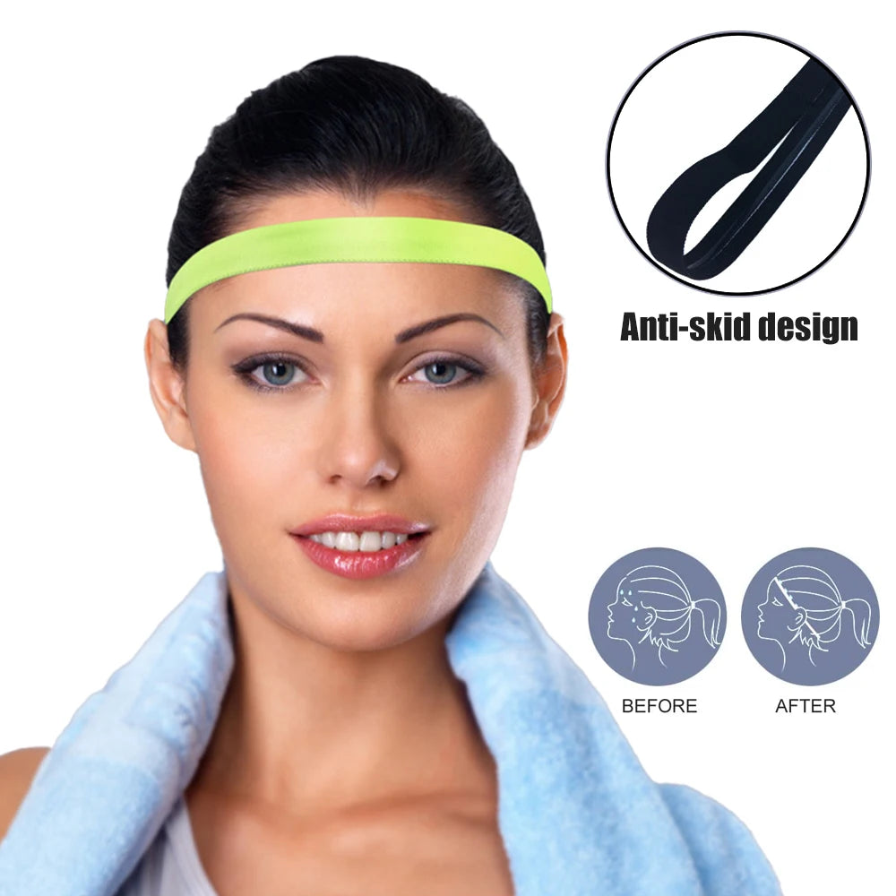 A woman wearing a neon green anti-skid sports headband, shown with before and after results.