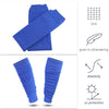 Blue knit rugby leg covers demonstrating elasticity and UV protection.