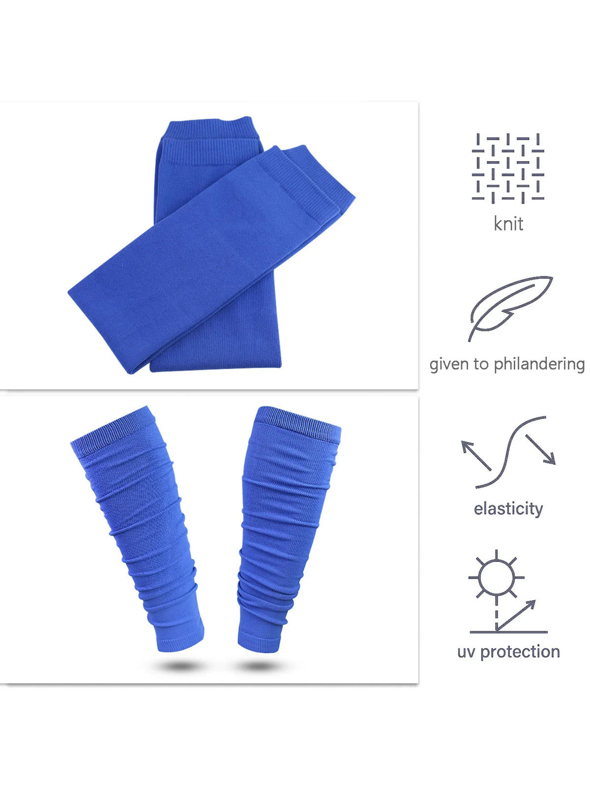 Blue knit rugby leg covers demonstrating elasticity and UV protection.