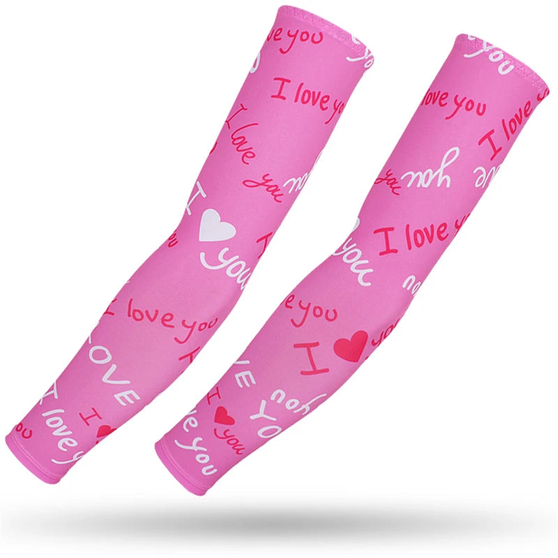Two pink arm sleeves with 'I love you' text printed on them