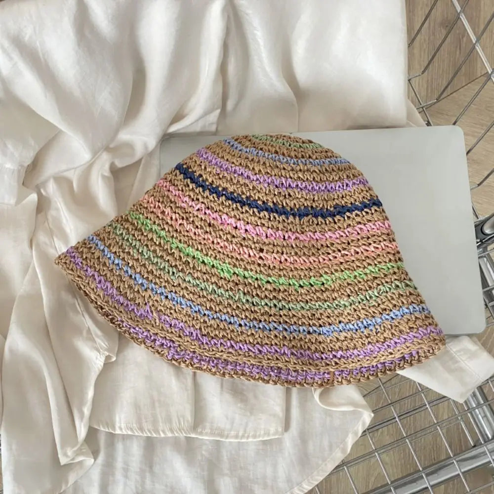 Handwoven Rainbow Stripe Straw Sun Hat with Wide Brim