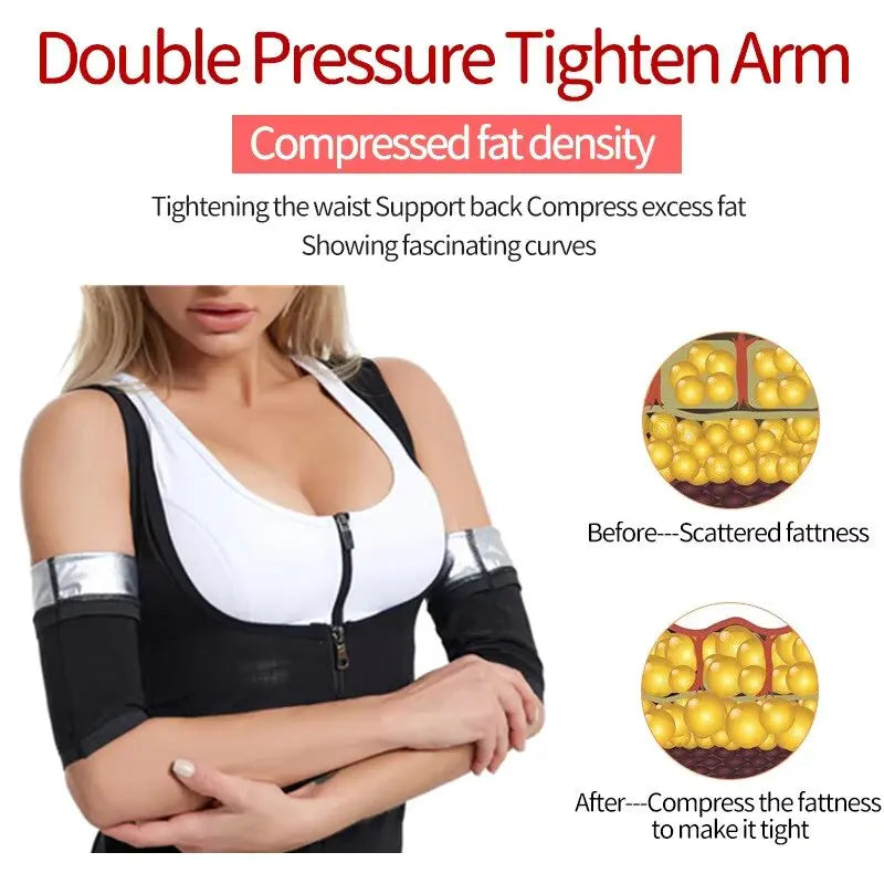 A woman wearing a black top with a white bra and black compression sleeves demonstrating the double pressure tighten arm prod