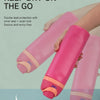 Pink insulated stainless steel thermos mugs being held, demonstrating 360 degree leak-proof design.