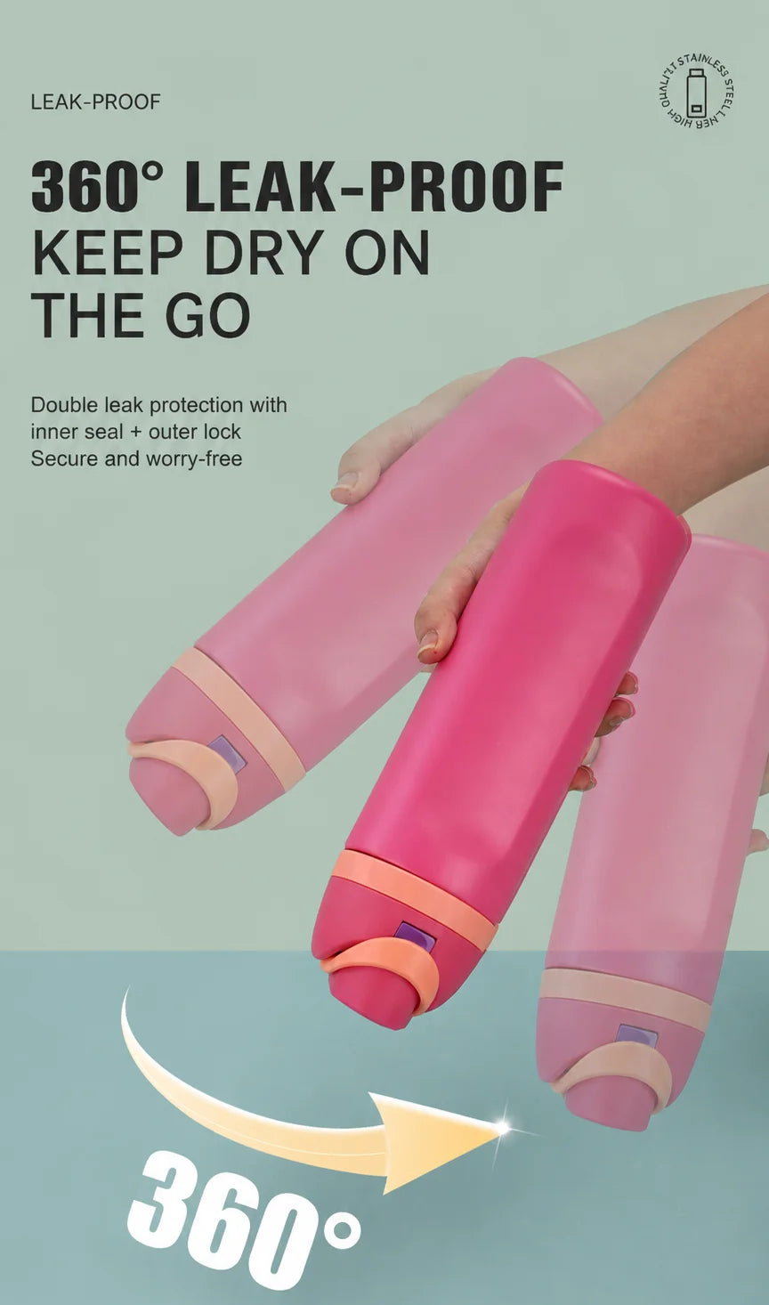 Pink insulated stainless steel thermos mugs being held, demonstrating 360 degree leak-proof design.