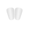 A pair of white mini soccer shin guards for training and protection.