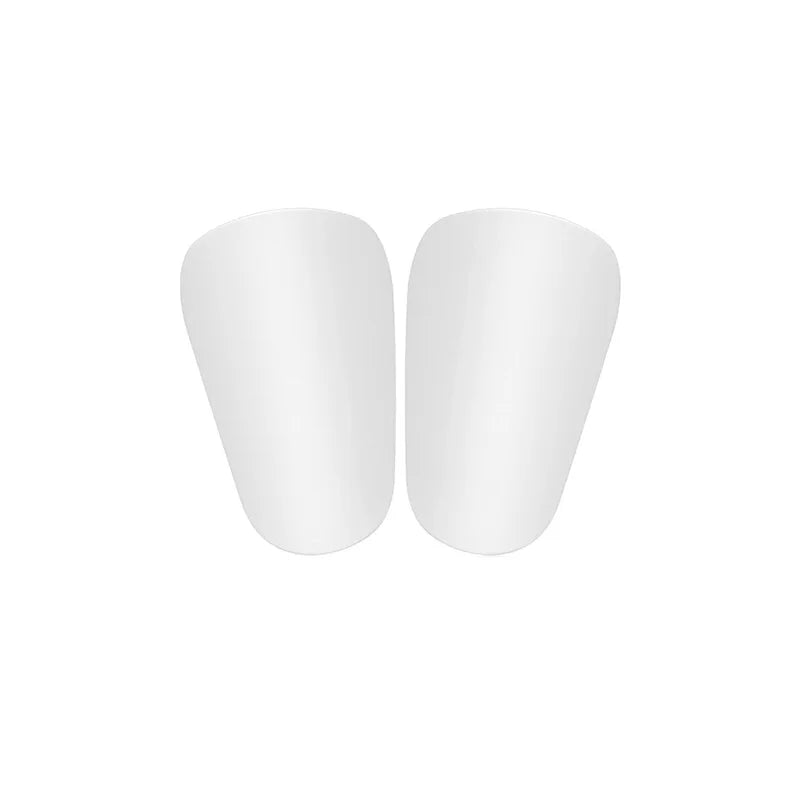 A pair of white mini soccer shin guards for training and protection.