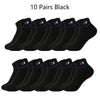 Ten pairs of black ankle socks displayed in a row.
