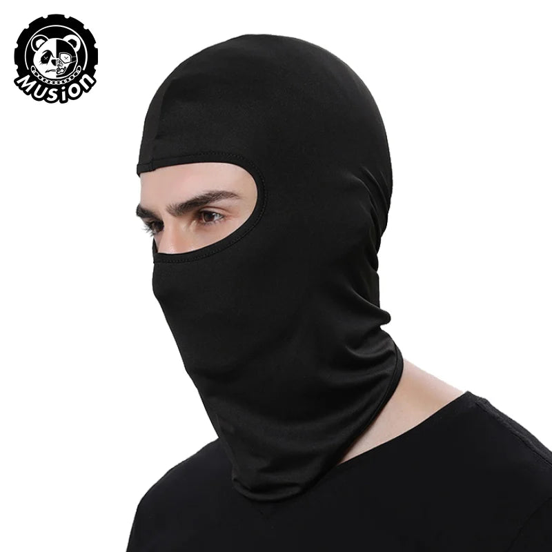 Black breathable mesh balaclava face mask worn by a person.