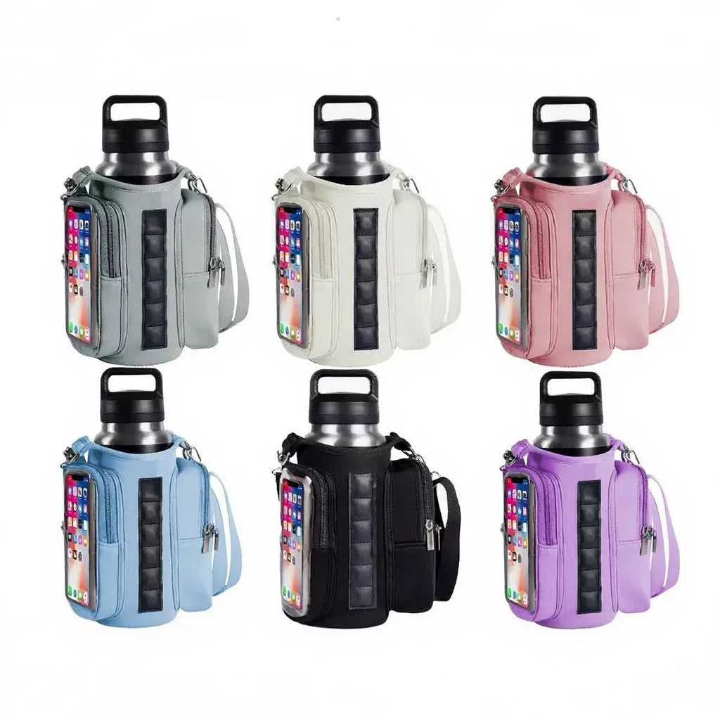A set of four magnetic accessory holders in various colors, including gray, white, pink, and purple, designed for water bottl