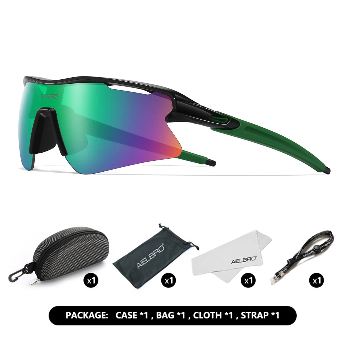 A pair of green sports sunglasses with mirrored lenses shown next to their packaging components.