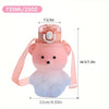 A pink portable bear water bottle with a straw, strap, and silicone body.