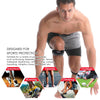 A muscular man demonstrates the adjustable patellar tendon support strap for various sports activities.