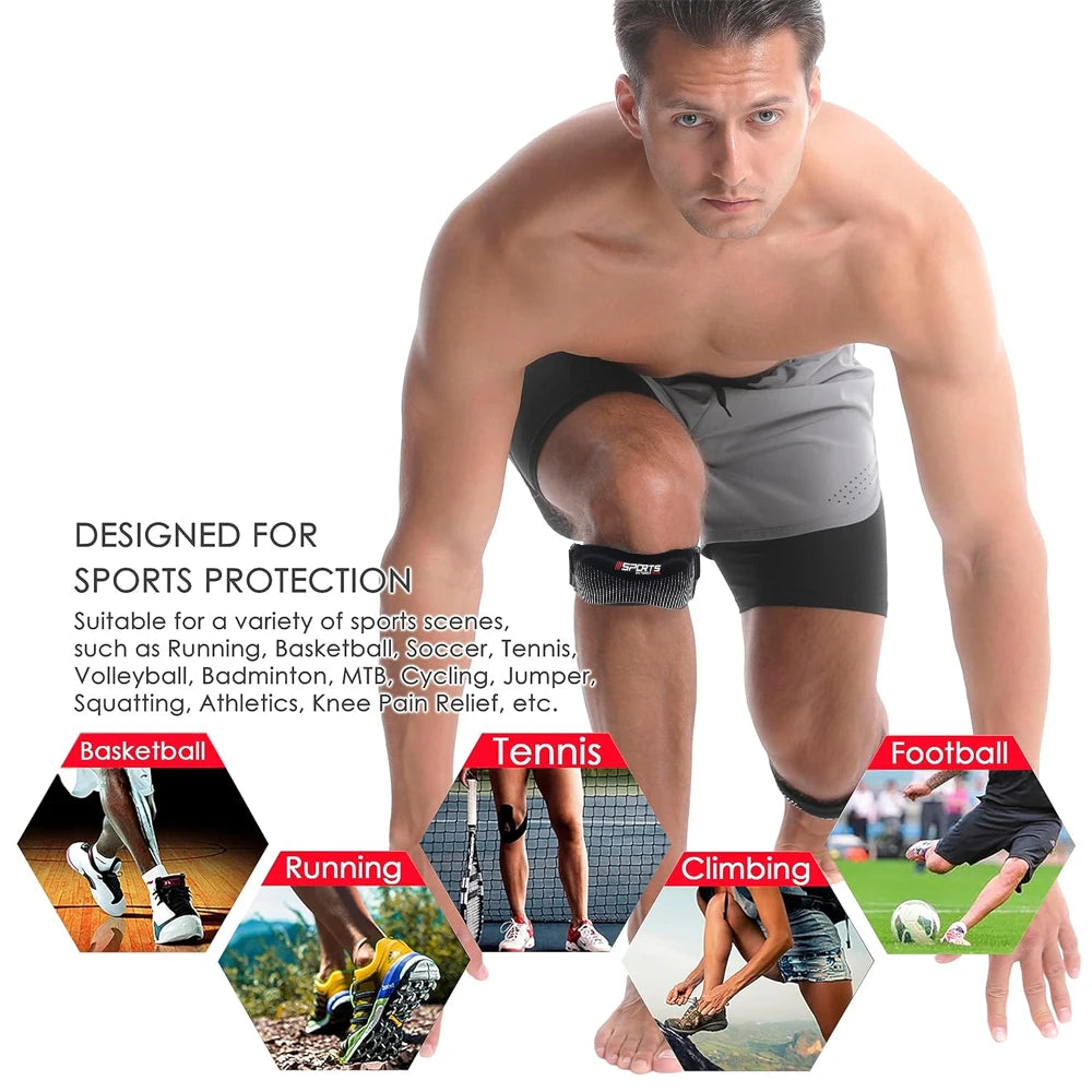 A muscular man demonstrates the adjustable patellar tendon support strap for various sports activities.