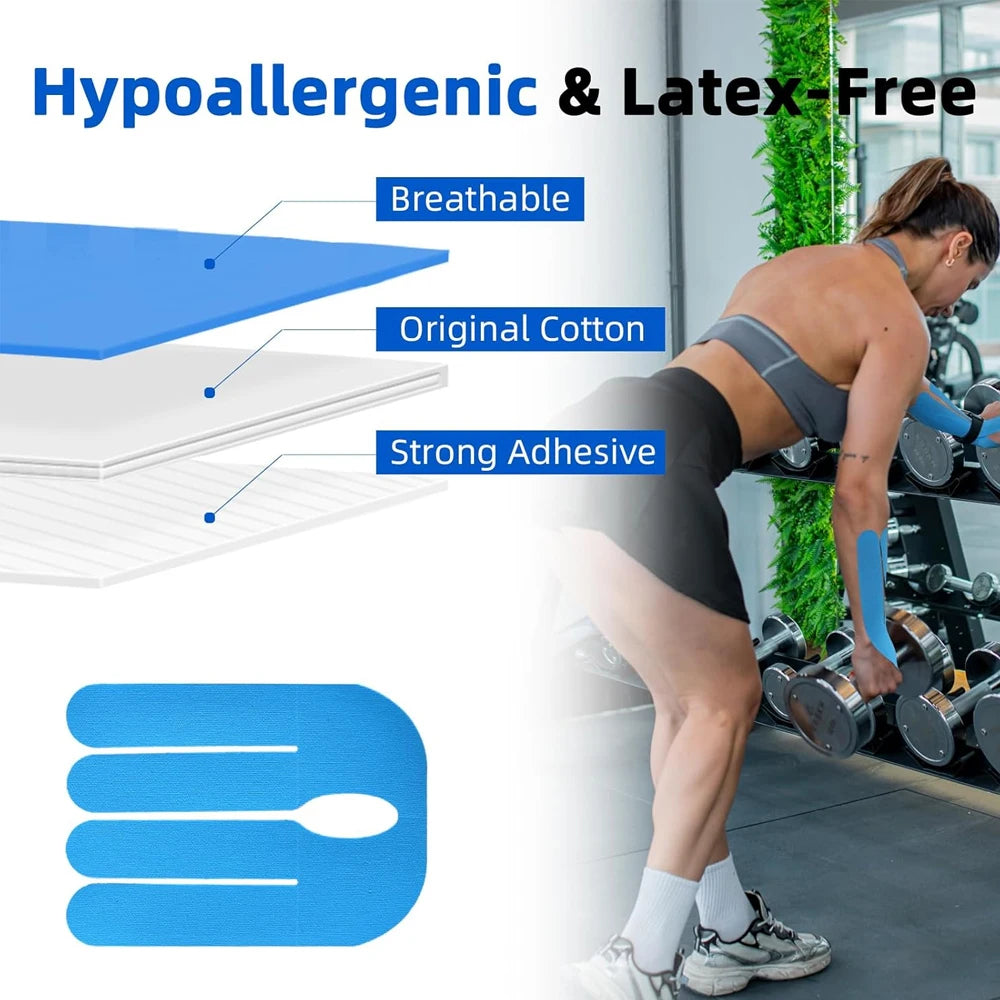 Blue kinesiology tape product shown next to a person exercising on a stationary bike.