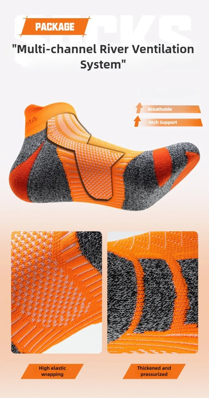 Close-up view of multi-channel river ventilation system ankle socks showing orange and gray colors.