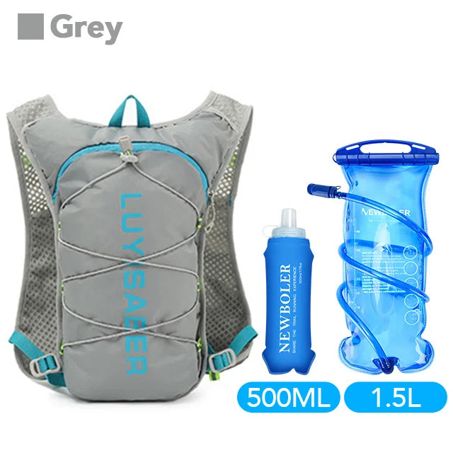 Grey Lyusader outdoor running and cycling backpack with a blue water bottle
