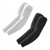 A pair of white and black UV protection arm sleeves displayed against a white background.