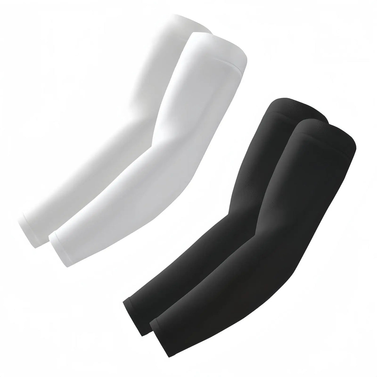 A pair of white and black UV protection arm sleeves displayed against a white background.